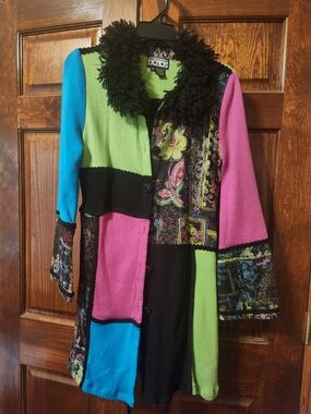 Desigual Patchwork Coat with Faux Fur Collar - Bright Colorblock